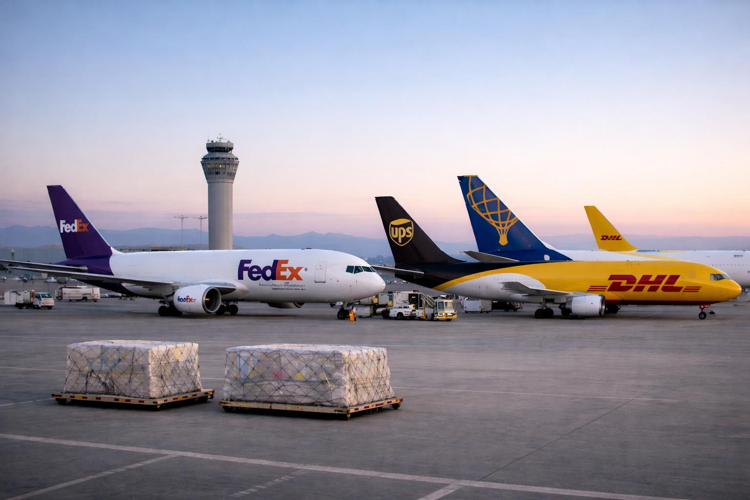 Avions cargo FedEx, DHL et UPS sur le tarmac avec palettes de fret international